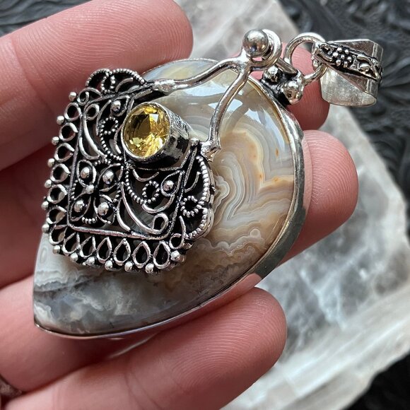 Boho Styled Citrine and Crazy Lace Agate Pendant Stone Crystal Jewelry - Picture 7 of 8